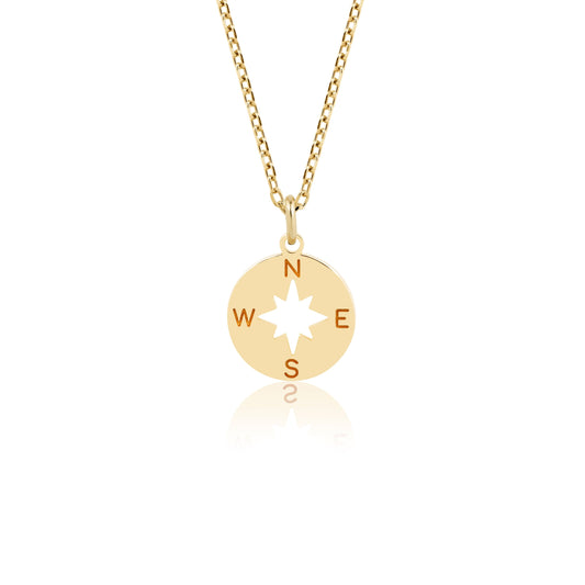 14K gold compass necklace with delicate design