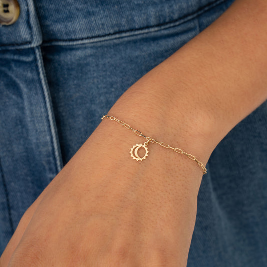 14k Gold Moon Sun Bracelet with Paperclip Chain