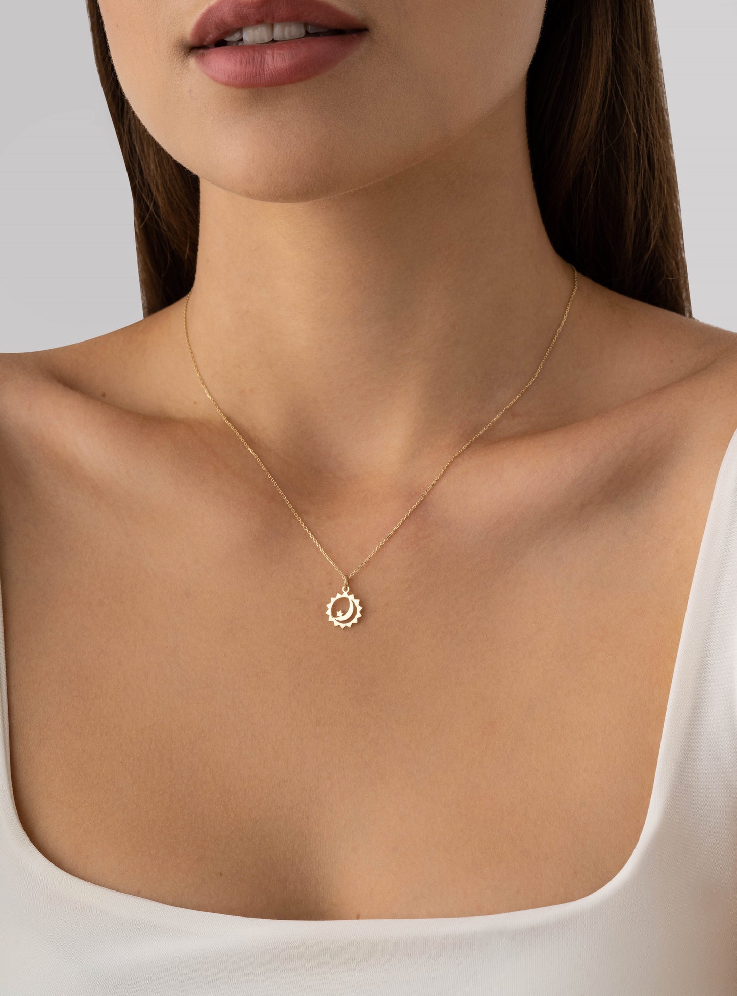 solid gold tiny moon sun star pendant necklace