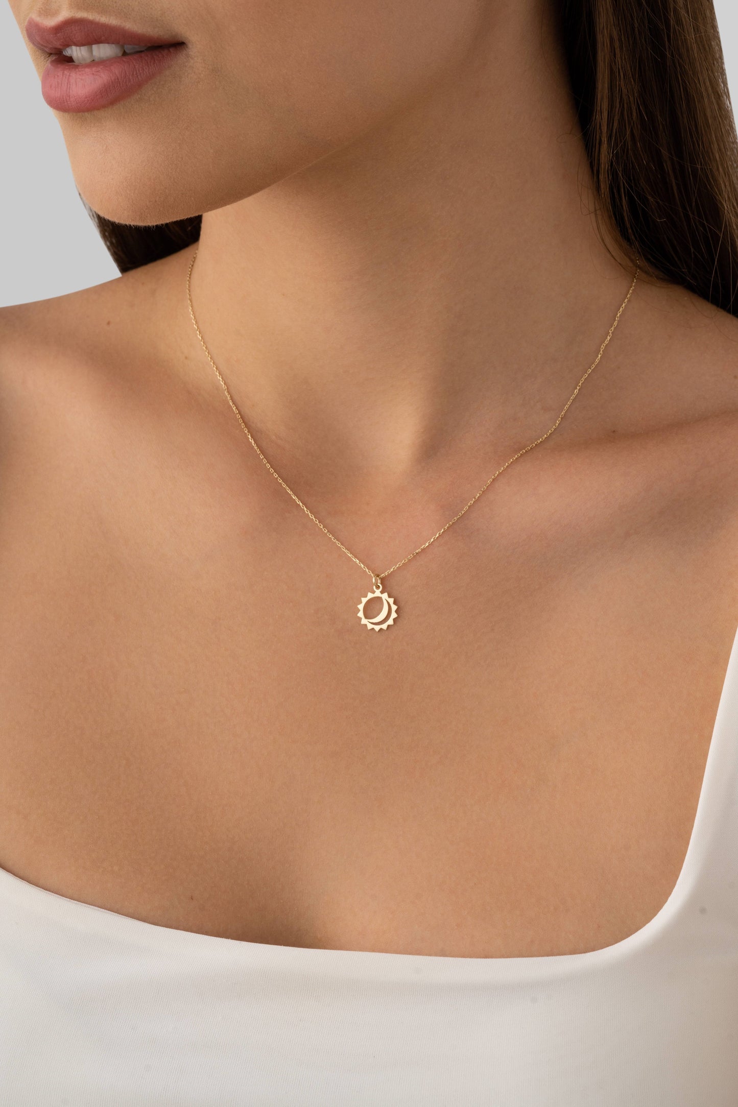 solid gold dainty moon and sun pendant necklace