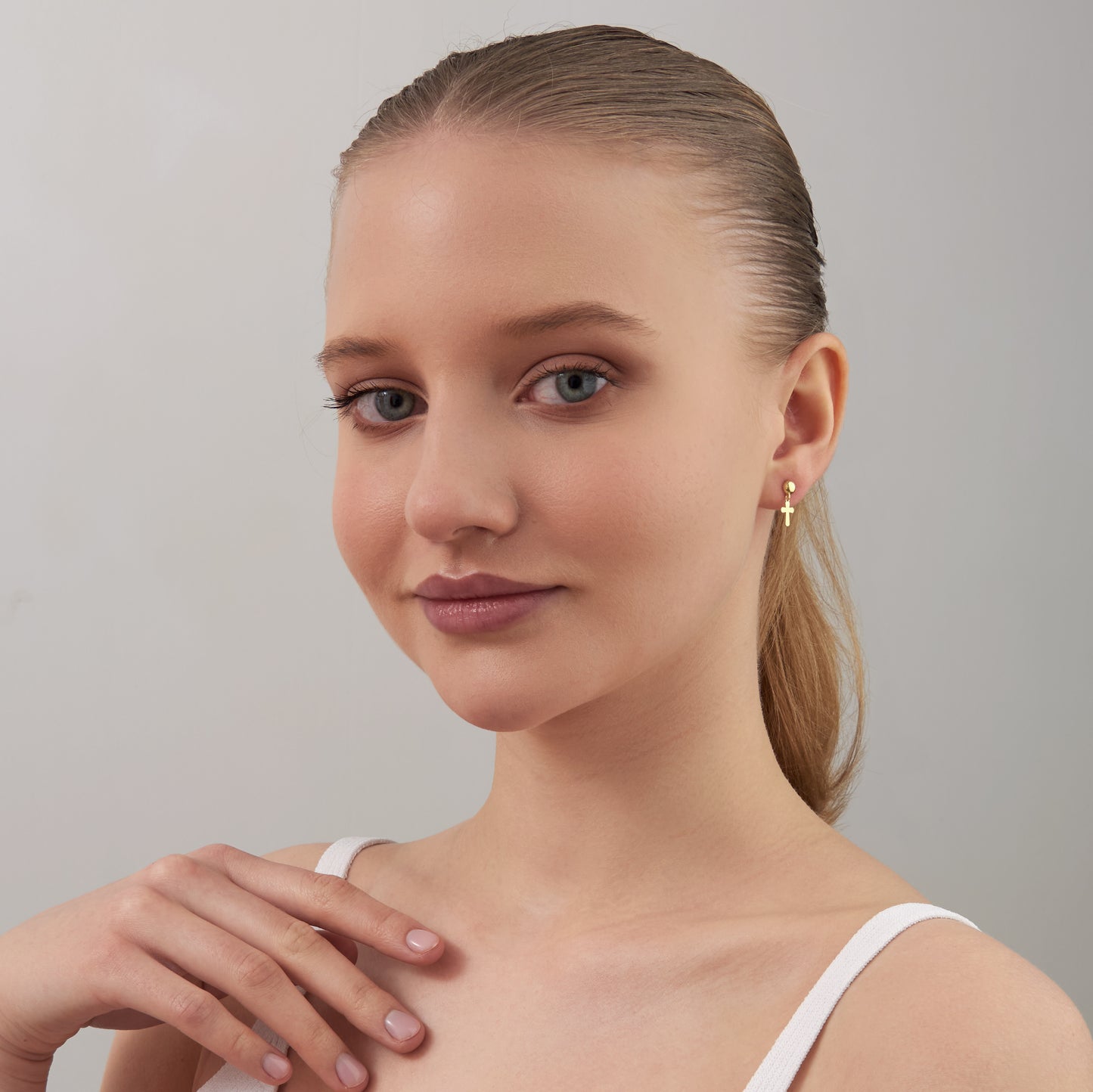 14K Solid Gold Cross Stud Earrings – Minimal Dainty Everyday Jewelry