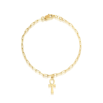 14K Gold Ankh Bracelet with Paperclip Chain – Symbol of Life & Strength