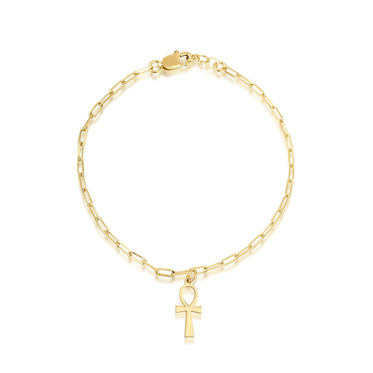 14K Gold Ankh Bracelet with Paperclip Chain – Symbol of Life & Strength