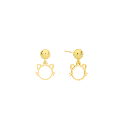 14K Solid Gold Cat Drop Stud Earrings – Minimal Whimsical Jewelry