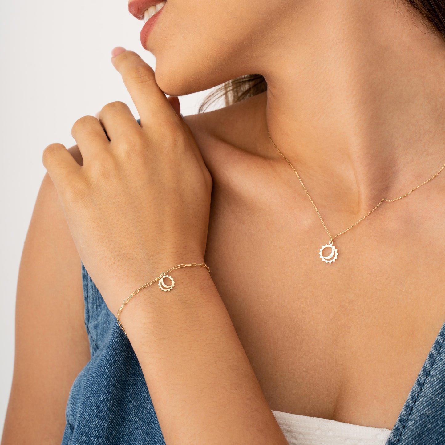 14k Gold Moon Sun Bracelet with Paperclip Chain