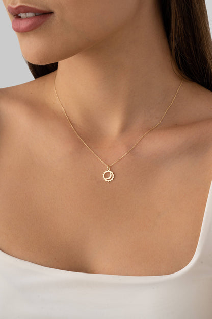 solid gold dainty moon and sun pendant necklace