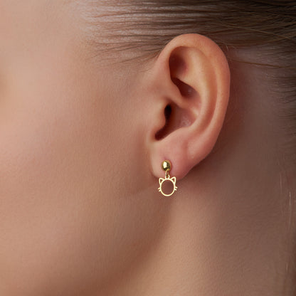 14K Solid Gold Cat Drop Stud Earrings – Minimal Whimsical Jewelry