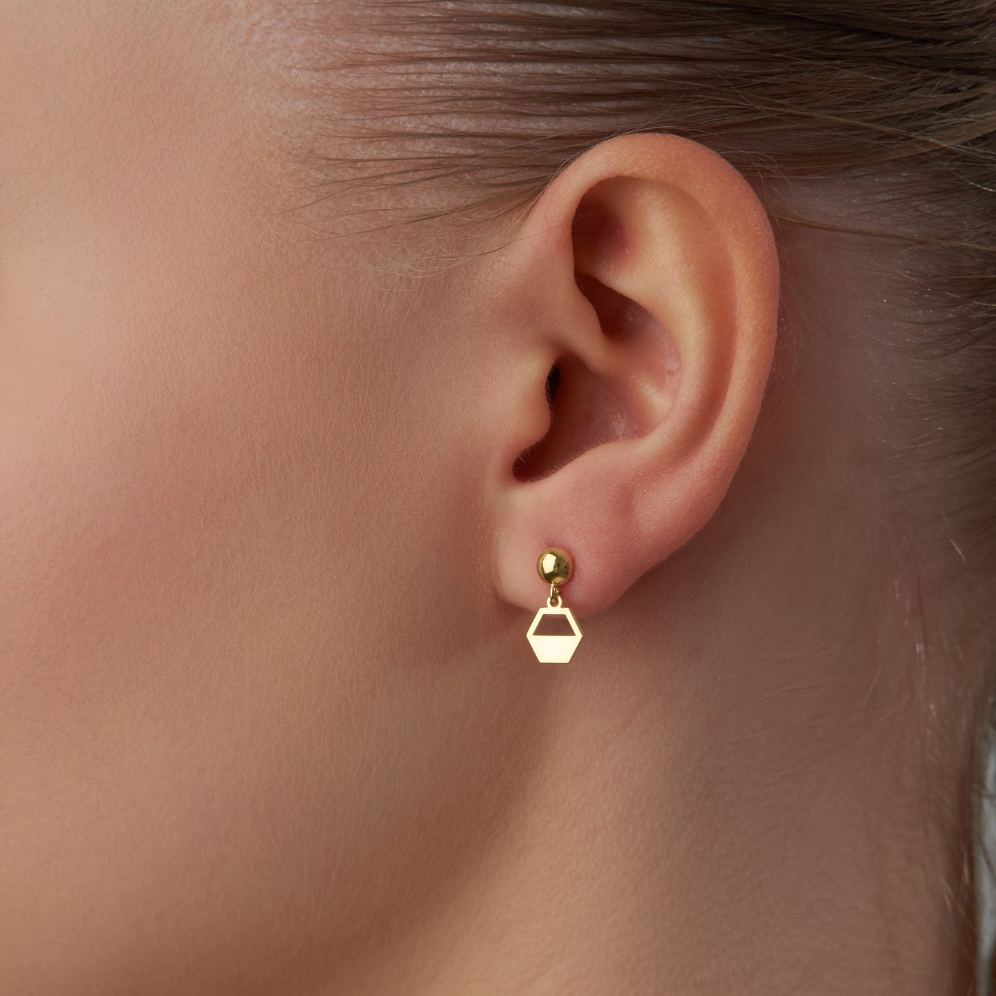 14K Solid Gold Hexagon Drop Stud Earrings – Minimal Geometric Jewelry
