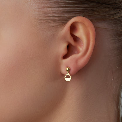 14K Solid Gold Hexagon Drop Stud Earrings – Minimal Geometric Jewelry