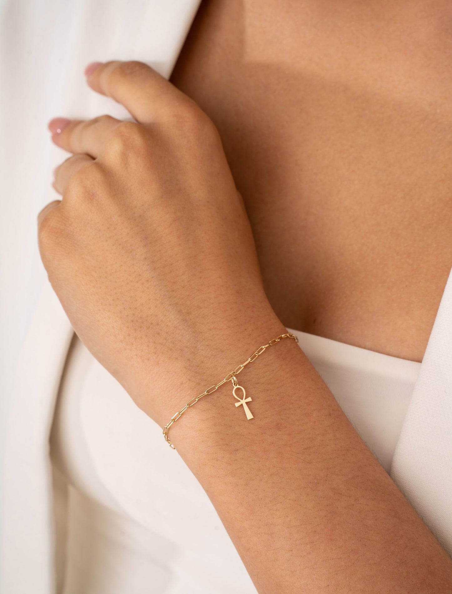 14K Gold Ankh Bracelet with Paperclip Chain – Symbol of Life & Strength
