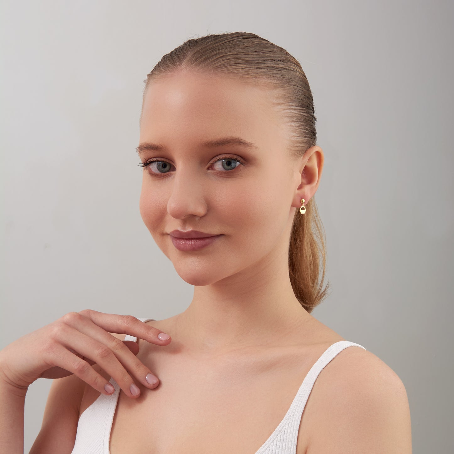 14K Solid Gold Hexagon Drop Stud Earrings – Minimal Geometric Jewelry