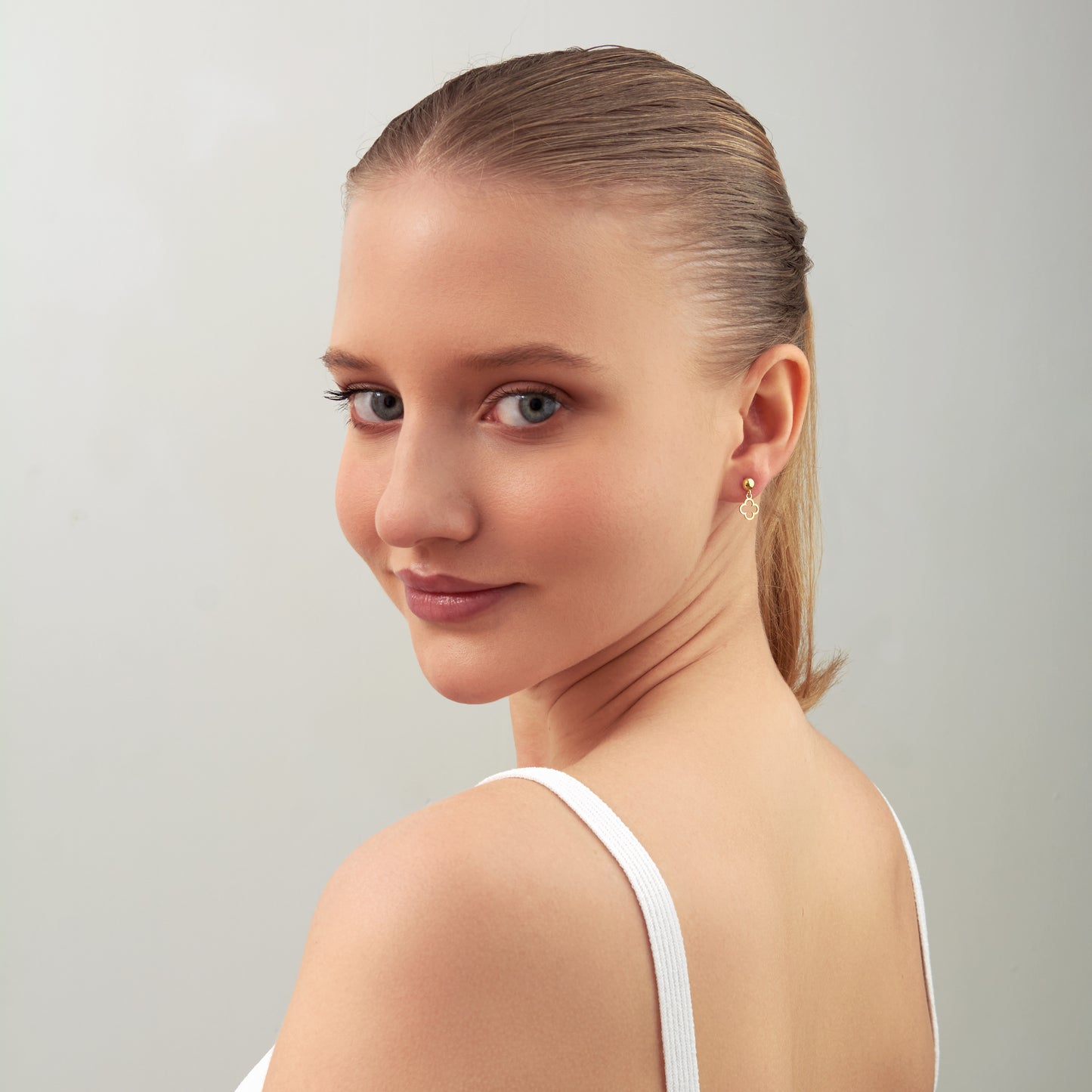 14K Solid Gold Clover Drop Stud Earrings – Minimal Lucky Charm Jewelry