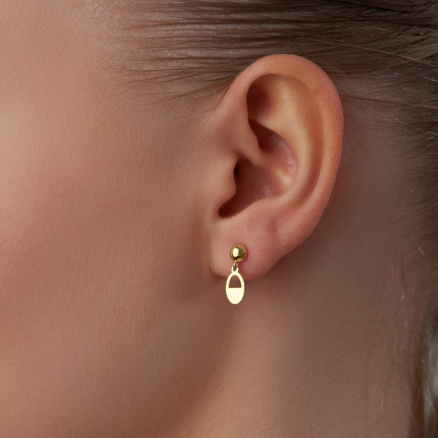 14K Solid Gold Half Oval Drop Stud Earrings – Minimal Geometric Jewelry