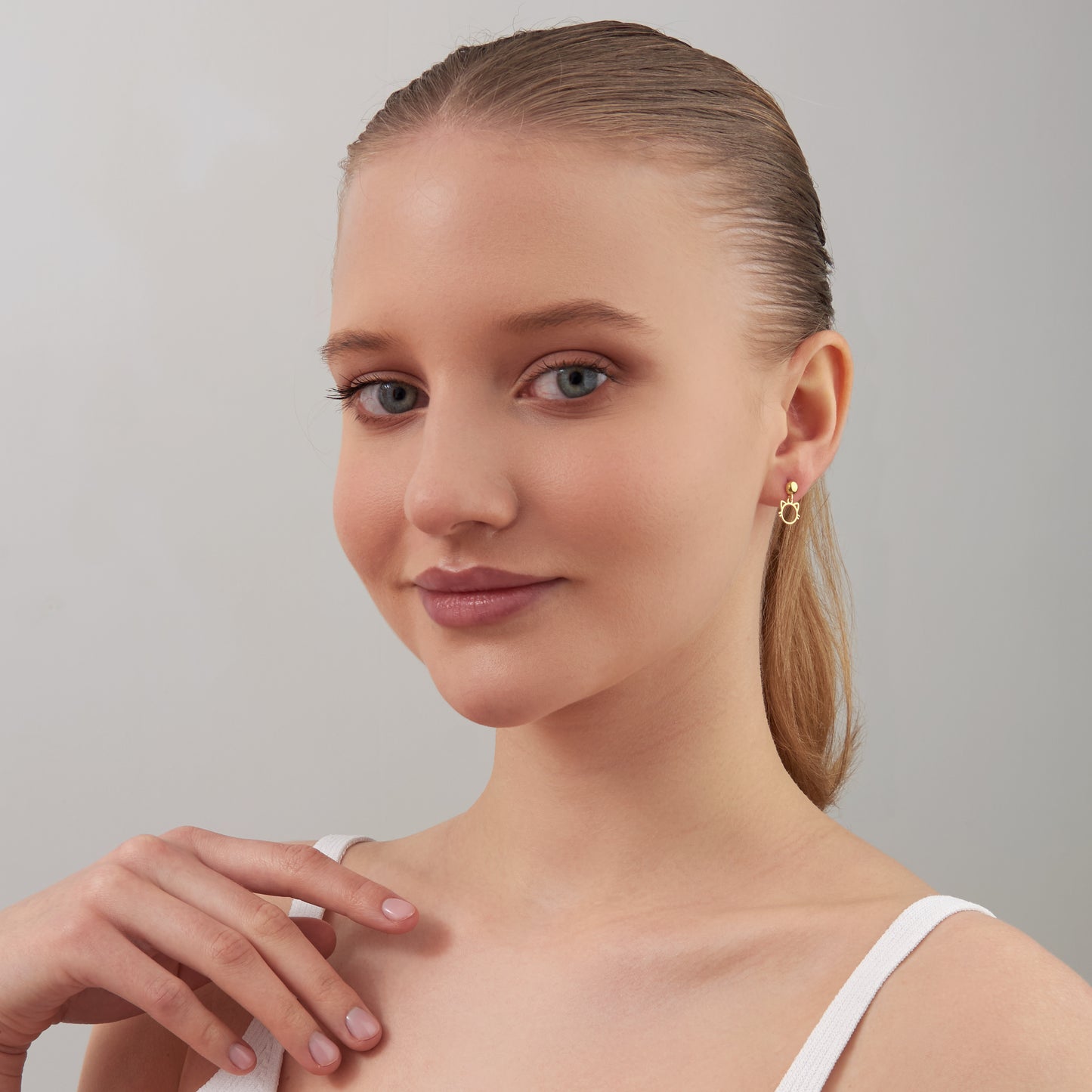 14K Solid Gold Cat Drop Stud Earrings – Minimal Whimsical Jewelry