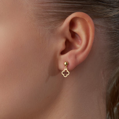14K Solid Gold Clover Drop Stud Earrings – Minimal Lucky Charm Jewelry