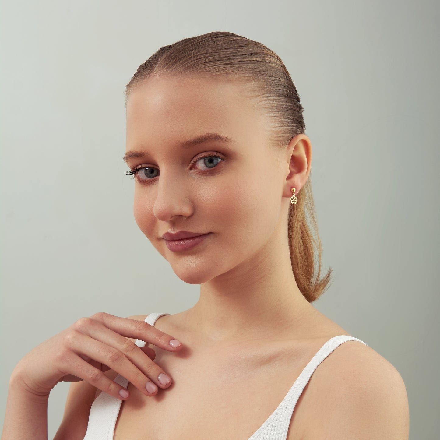 14K Solid Gold Flower Drop Stud Earrings – Dainty Nature-Inspired Jewelry